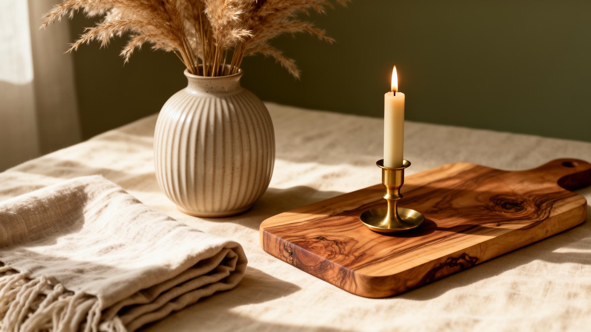 South Line home accessories — stoneware vase, linen throw, brass candleholder and olive wood board